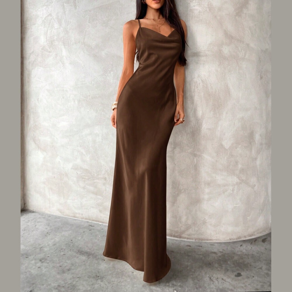Brown Satin Cowl Neck Spaghetti Strap Maxi Dress